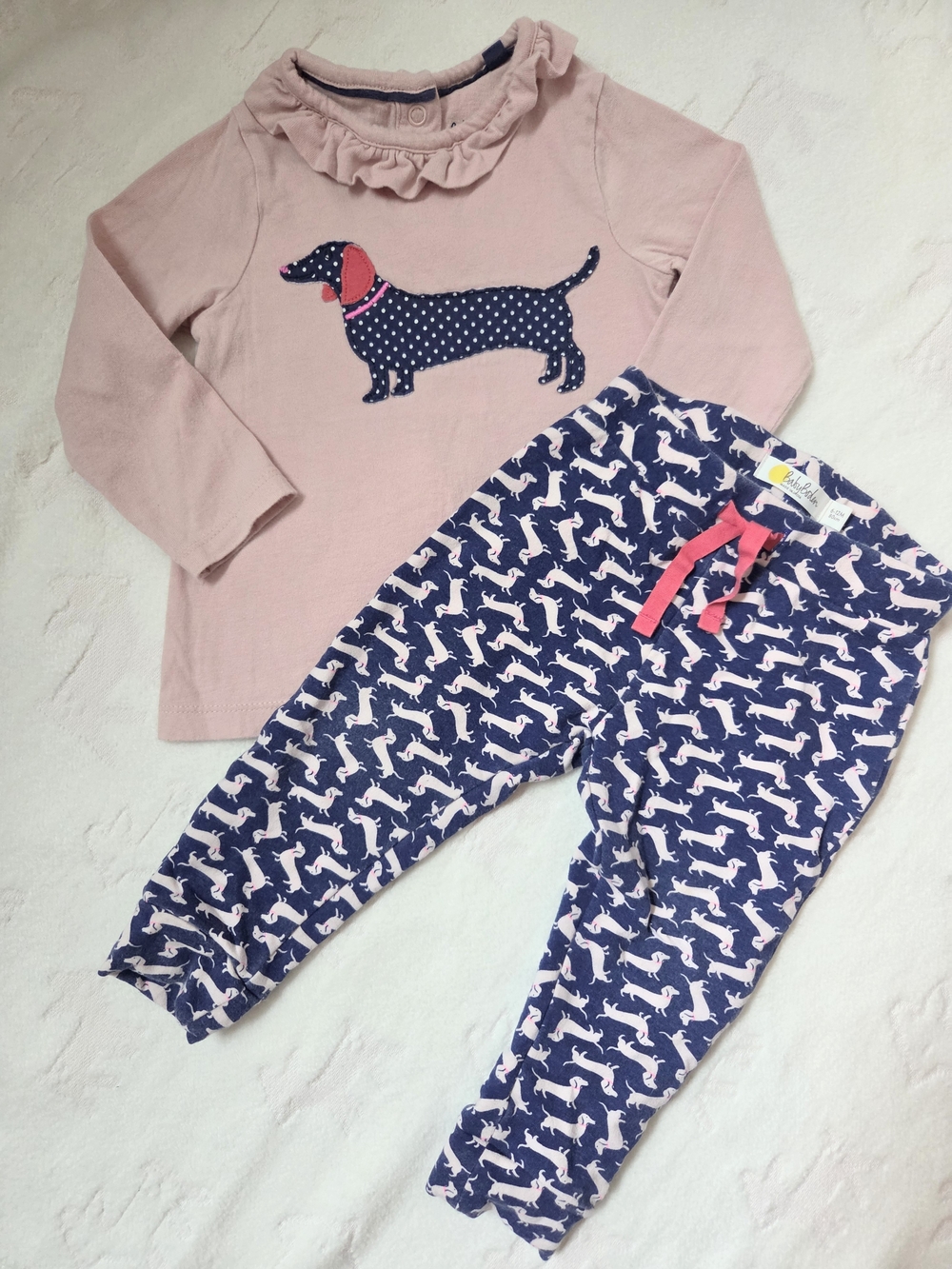 Baby Boden Pink Ruffle-Neck Top with Navy Dachshund Print Pant Set 6-12M